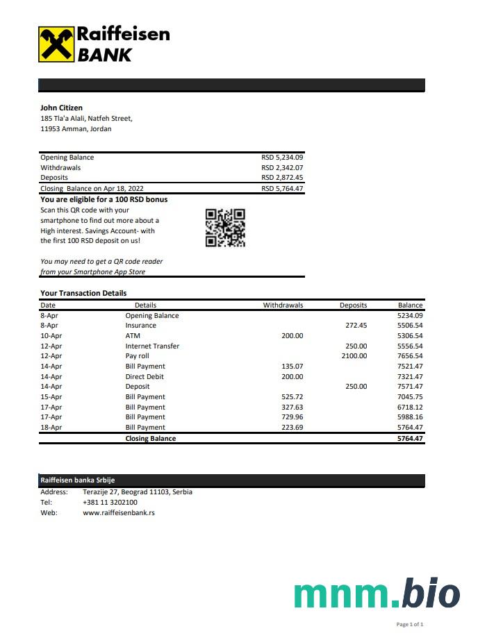 Szablon wyciągu bankowego Serbia Banca Intesa w programie Word i PDF